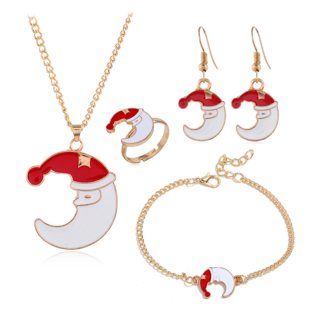 chidgrass 4 Pieces / Set Of Santa Claus Bell Cartoon Earrings Necklace Ring Bracelet No.04
